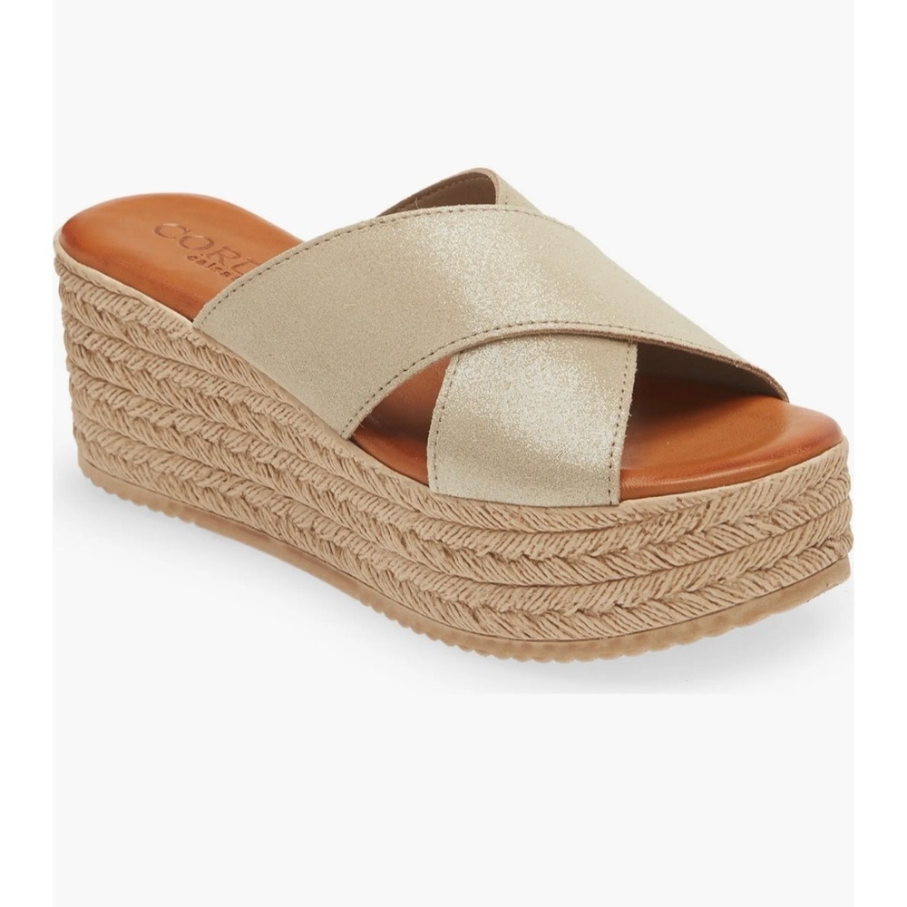 Cordani Calzature Gold Metallic Crossband Espadrille Platform Slide